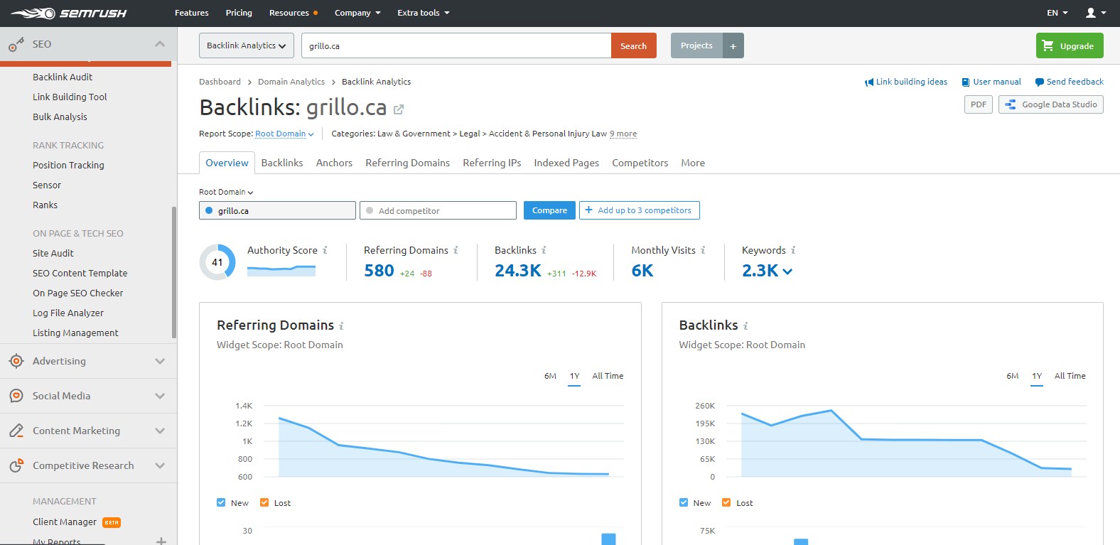 Backlinks section and you will be able to view referring domains and their metrics