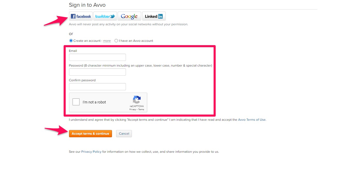 Create an account at the bottom of the page via the social media icons or email after completing the form.