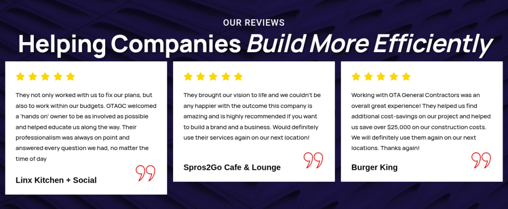 A contractor website displayed customer reviews. 