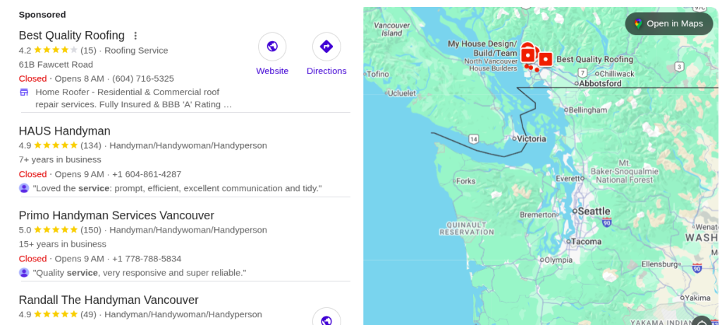 Local search results displayed on Google. 