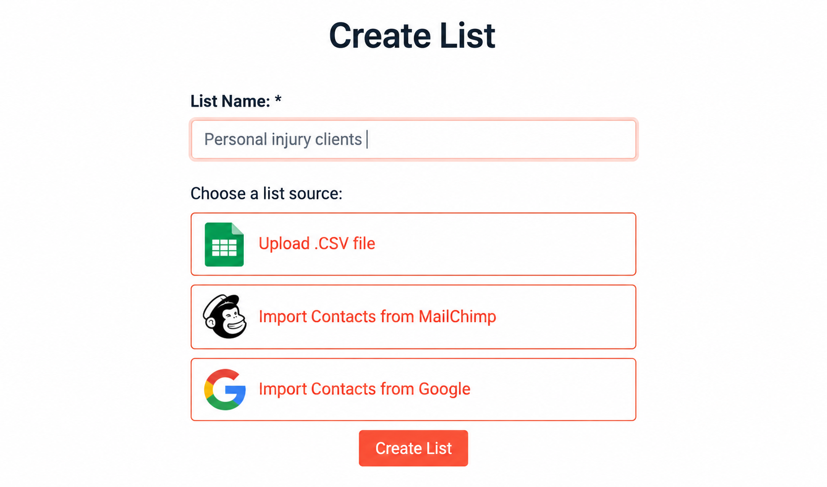 Create a list. List name: Personal Injury Clients.