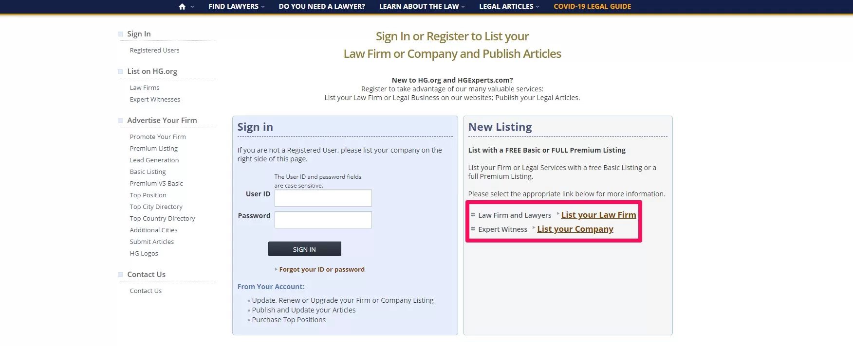 Unless you already have an HG account, select “List Your Law Firm” on the right panel.