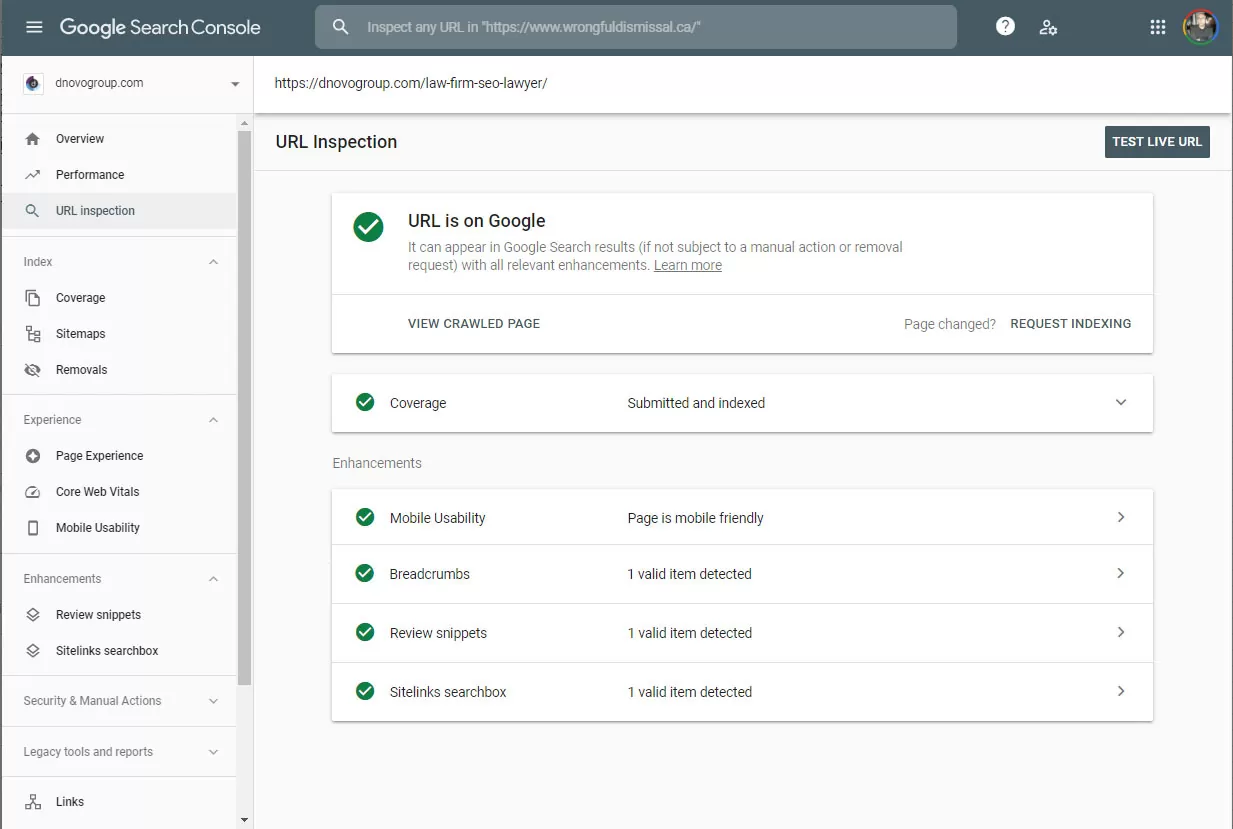 dNOVO Website Indexed Google Law Firm SEO Toronto