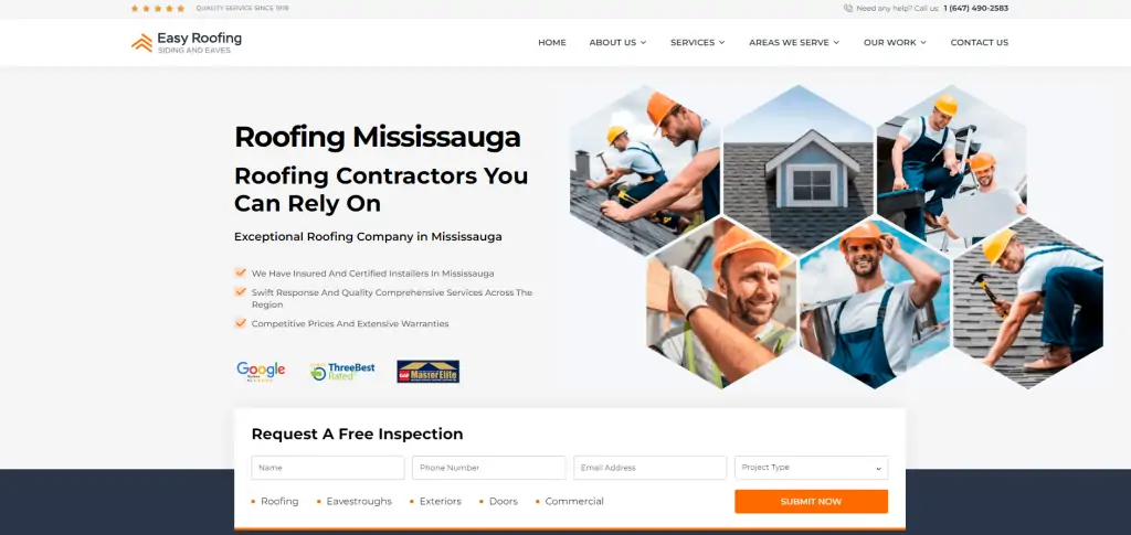 first screen of roofing website contains major selling points, book free consultation widget and icons of ranking websites