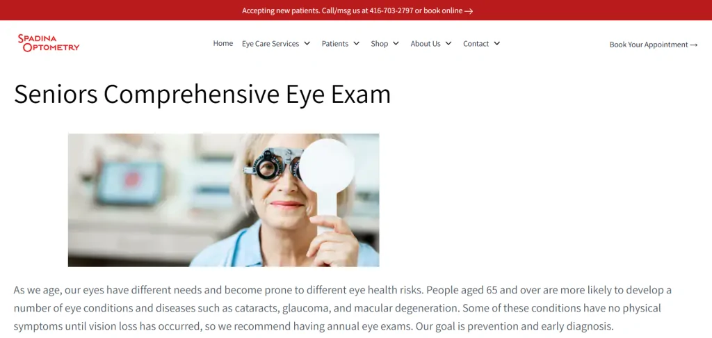 service page example for optometry website